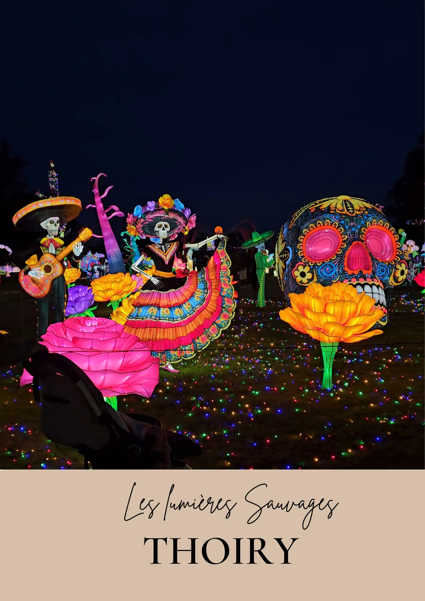 Sculptures lumineuses géantes représentant des personnages et crânes colorés inspirés du Dia de los Muertos mexicain, au festival des Lumières Sauvages de Thoiry.